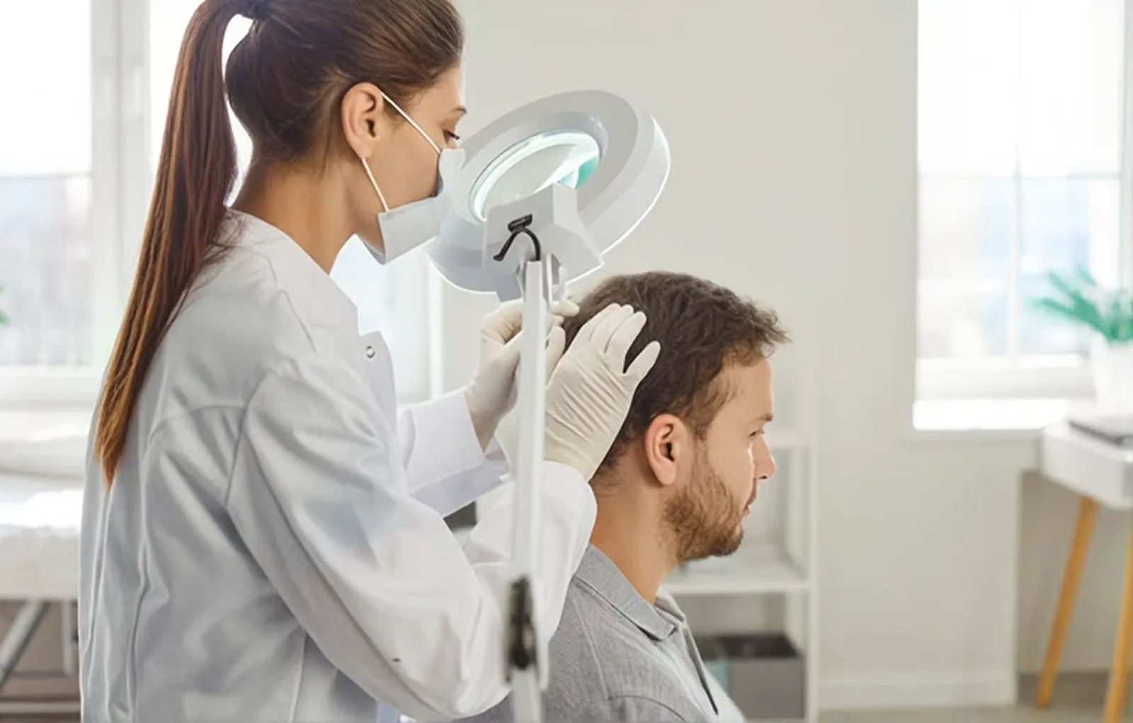 A clinician assessing a patient's scalp before a hair transplant